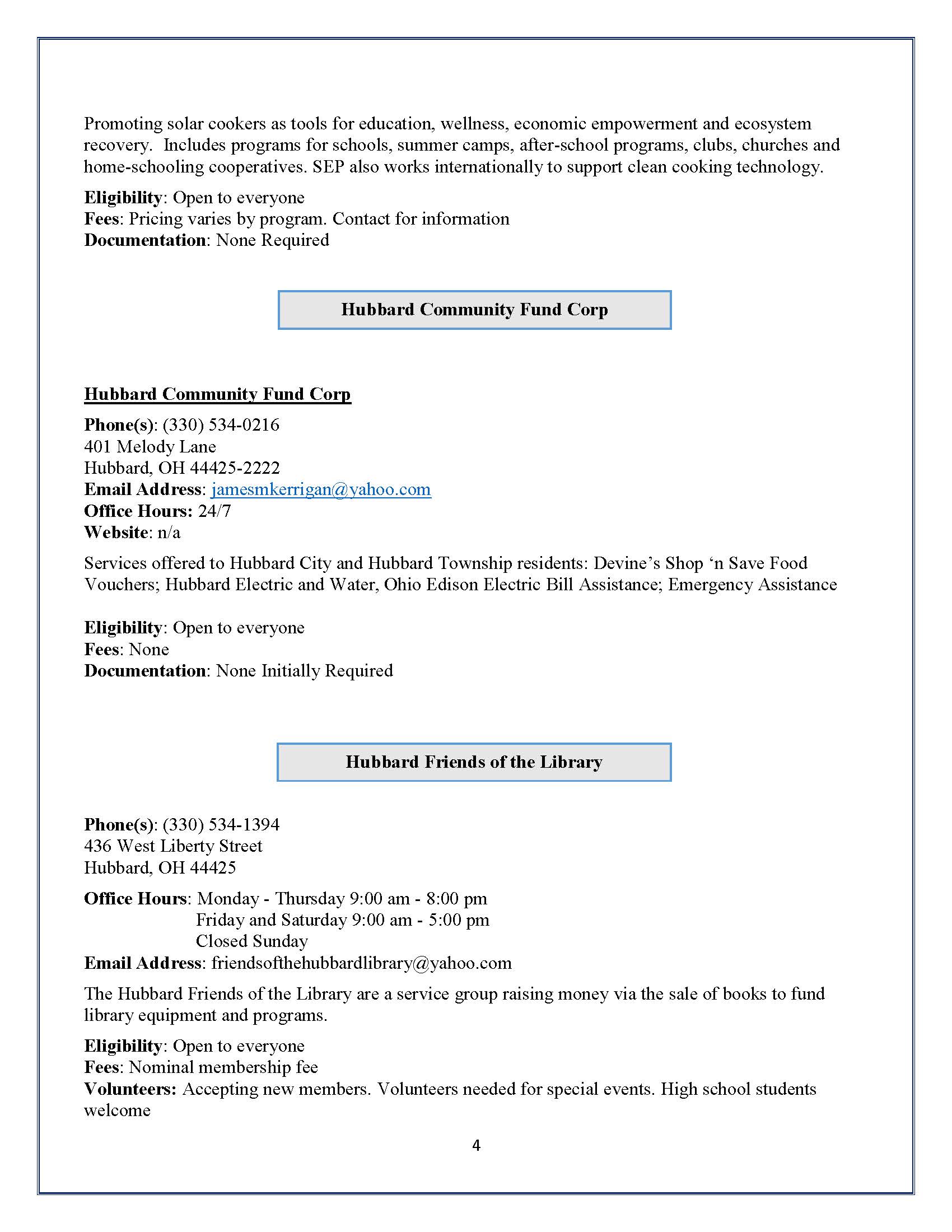 Hubbard Community Directory Hubbard Public Library